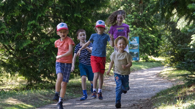 Children running down a path through a garden in summer